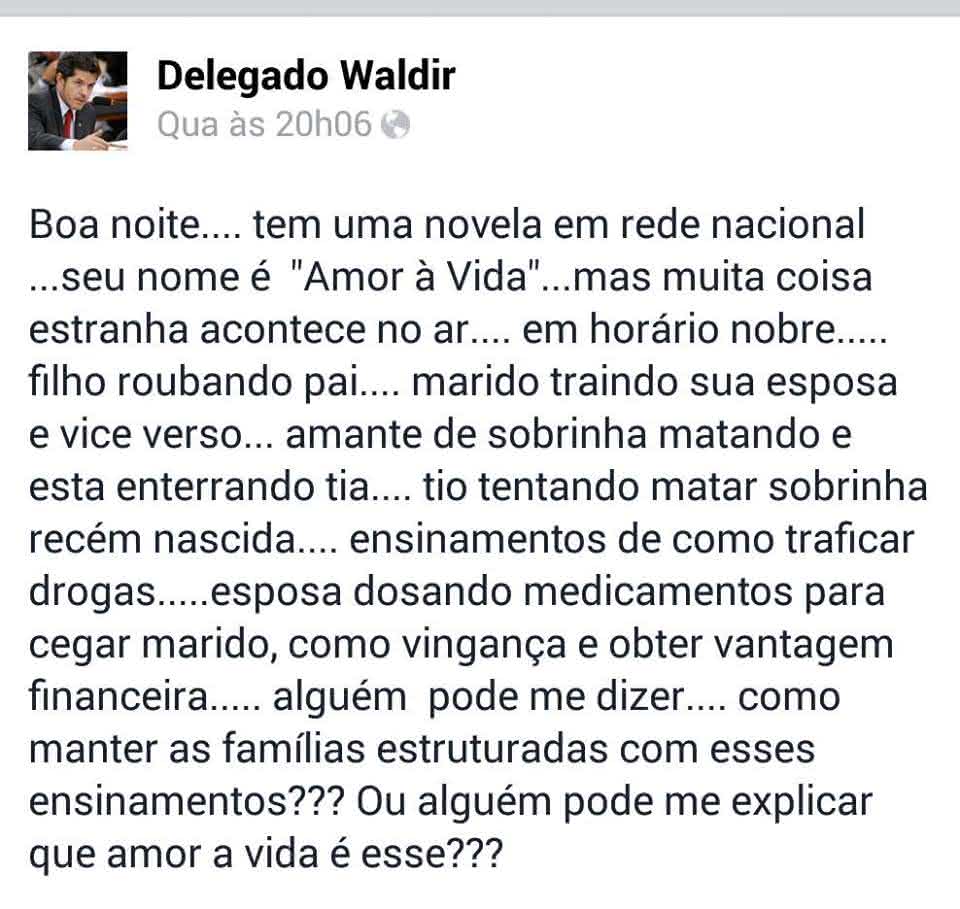Boa noite... Tem uma novela em rede nacional, seu nome é Amor À Vida, mas muita coisa estranha acontece no ar em horário nobre, filho roubando pai, marido traindo sua esposa e vice verso, amante de sobrinha matando e está enterrando tia, tio tentando matar sobrinha recém nascida, ensinamentos de como traficar droga, esposa dosando medicamentos para cegar marido, como vingança e obter vantagem financeira... alguém pode me dizer... como manter as famílias estruturadas com esses ensinamentos??? Ou alguém pode me explicar que amor à vida é esse???